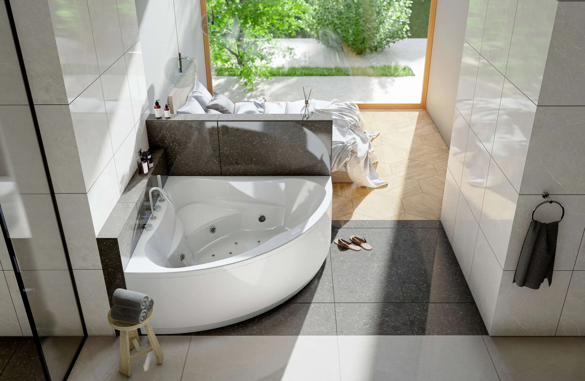 Baignoire d’angle Condor Moraine avec jets hydromassants, installée dans une salle de bains claire ouverte sur une chambre