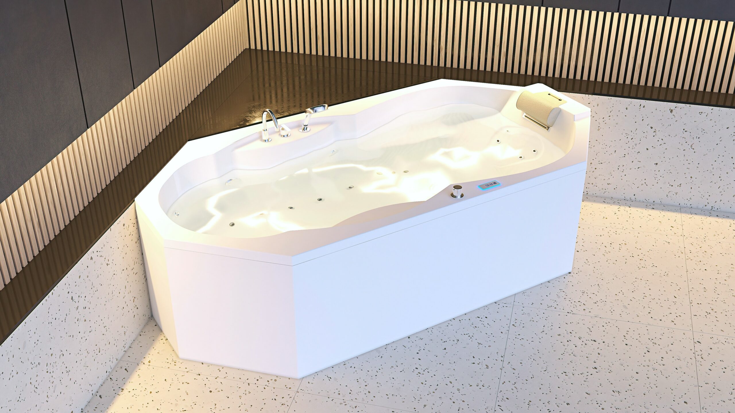 Baignoire balnéo en angle avec appui-tête, jets hydromassants et panneau de commande, installée dans une salle de bains contemporaine.