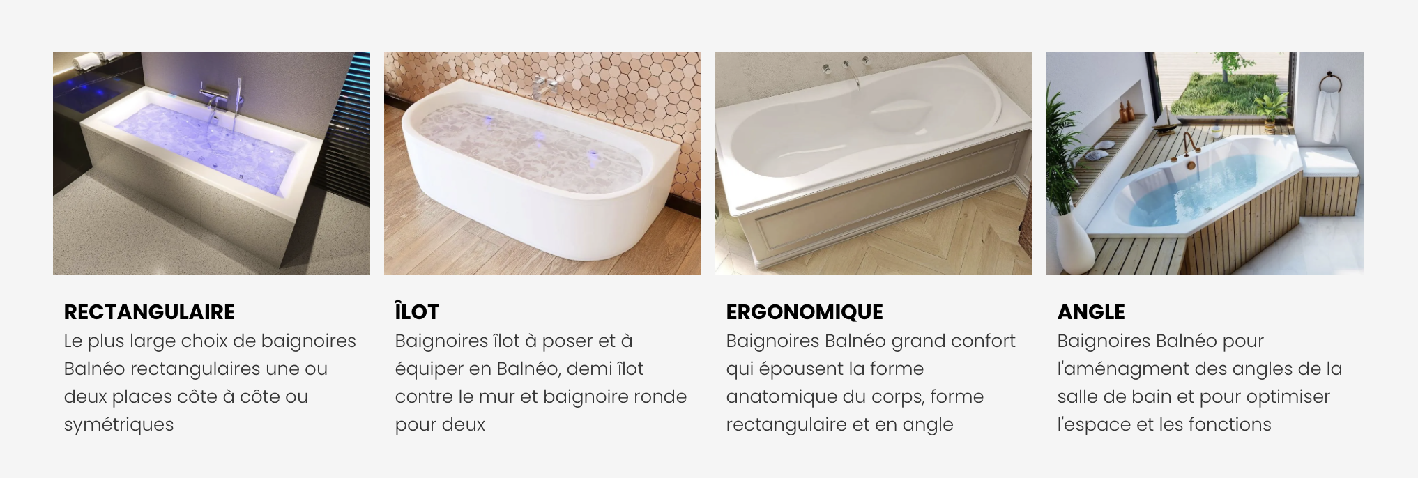 Comparatif visuel des différentes formes de baignoires balnéo : rectangulaire, îlot, ergonomique et en angle, pour bien choisir sa baignoire selon l’aménagement de la salle de bains.