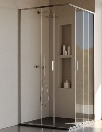 Paroi de douche coulissante en angle Série 7200 de Vismaravetro, solution compacte idéales pour petites salles de bains