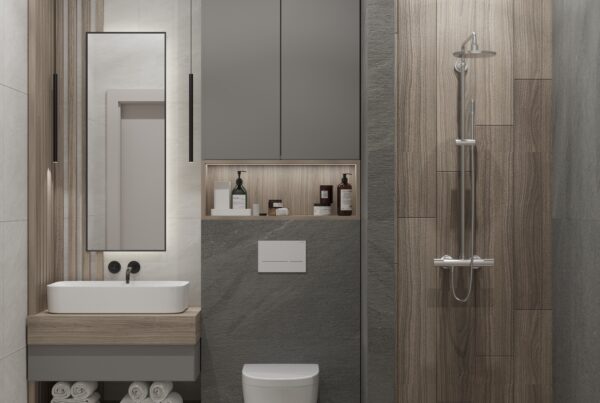 Salle de bains moderne optimisée avec douche, meuble vasque compact et rangements intégrés