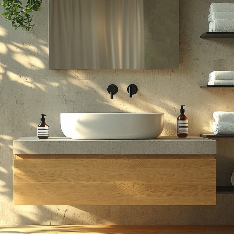 Salle de bains zen lumineuse avec une vasque blanche sur un meuble en bois, des étagères minimalistes, des plantes vertes et une baignoire, créant une atmosphère naturelle et relaxante.