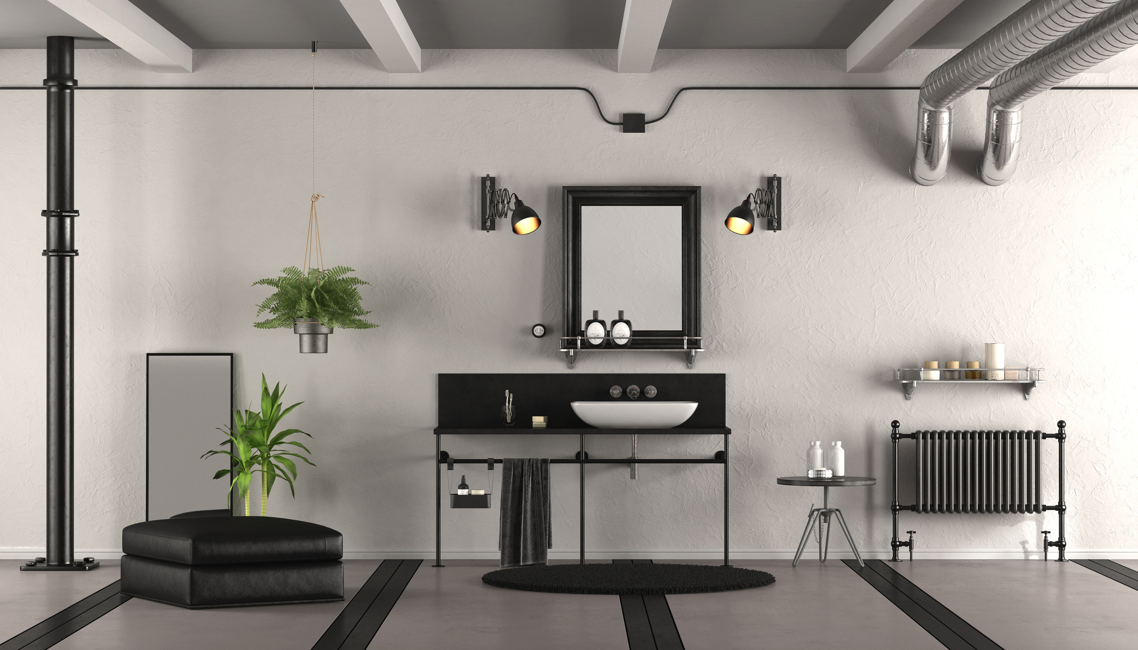 Salle de bains au style industriel avec vasque blanche sur meuble noir, luminaires orientables, tuyauterie et radiateur en fonte