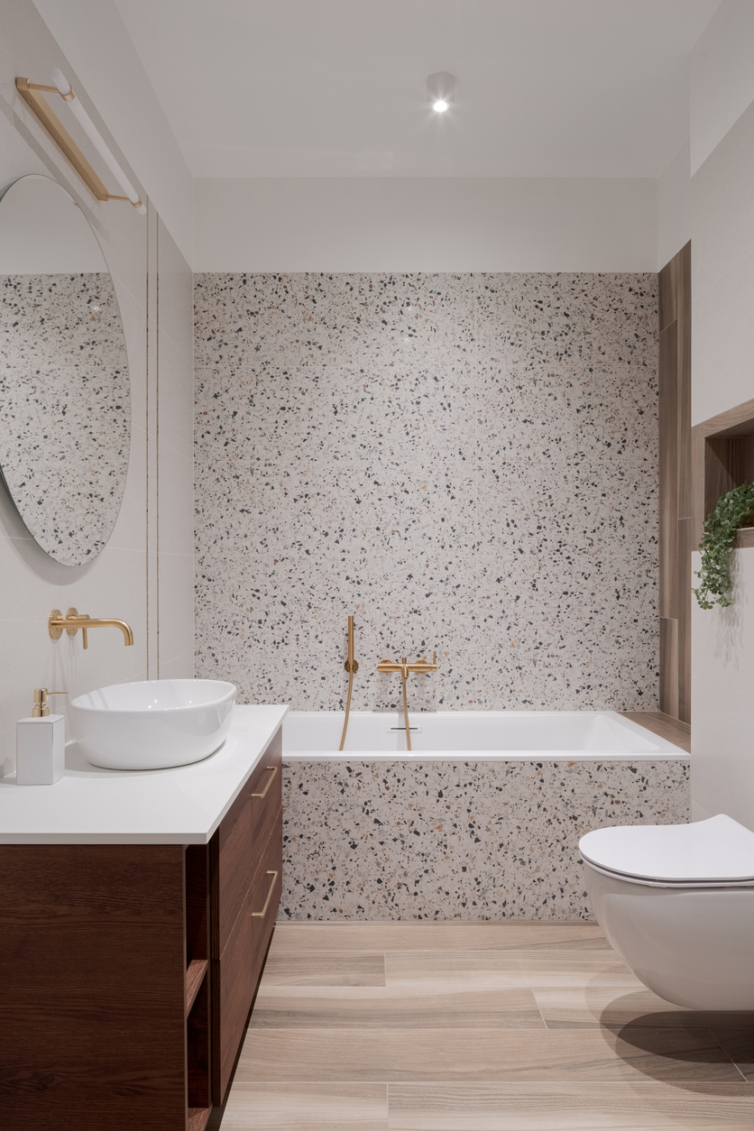 Baignoire encastrée dans une salle de bains aux murs en terrazzo