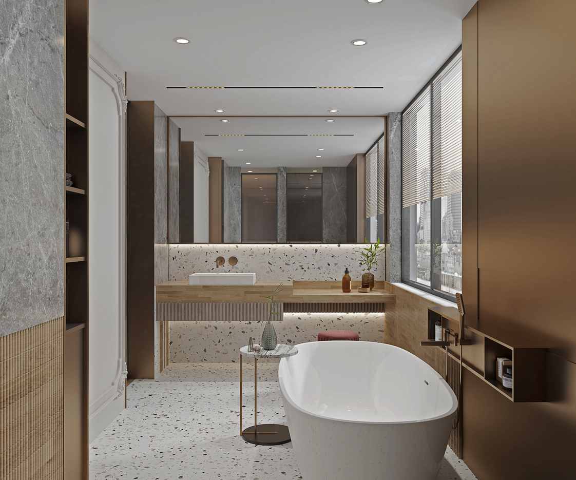 Salle de bains avec baignoire îlot, murs et sol en terrazzo clair