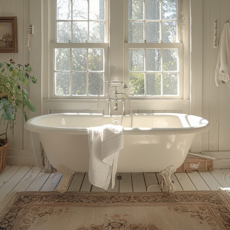 alle de bains rétro avec baignoire sur pieds, meubles en bois et lumière naturelle