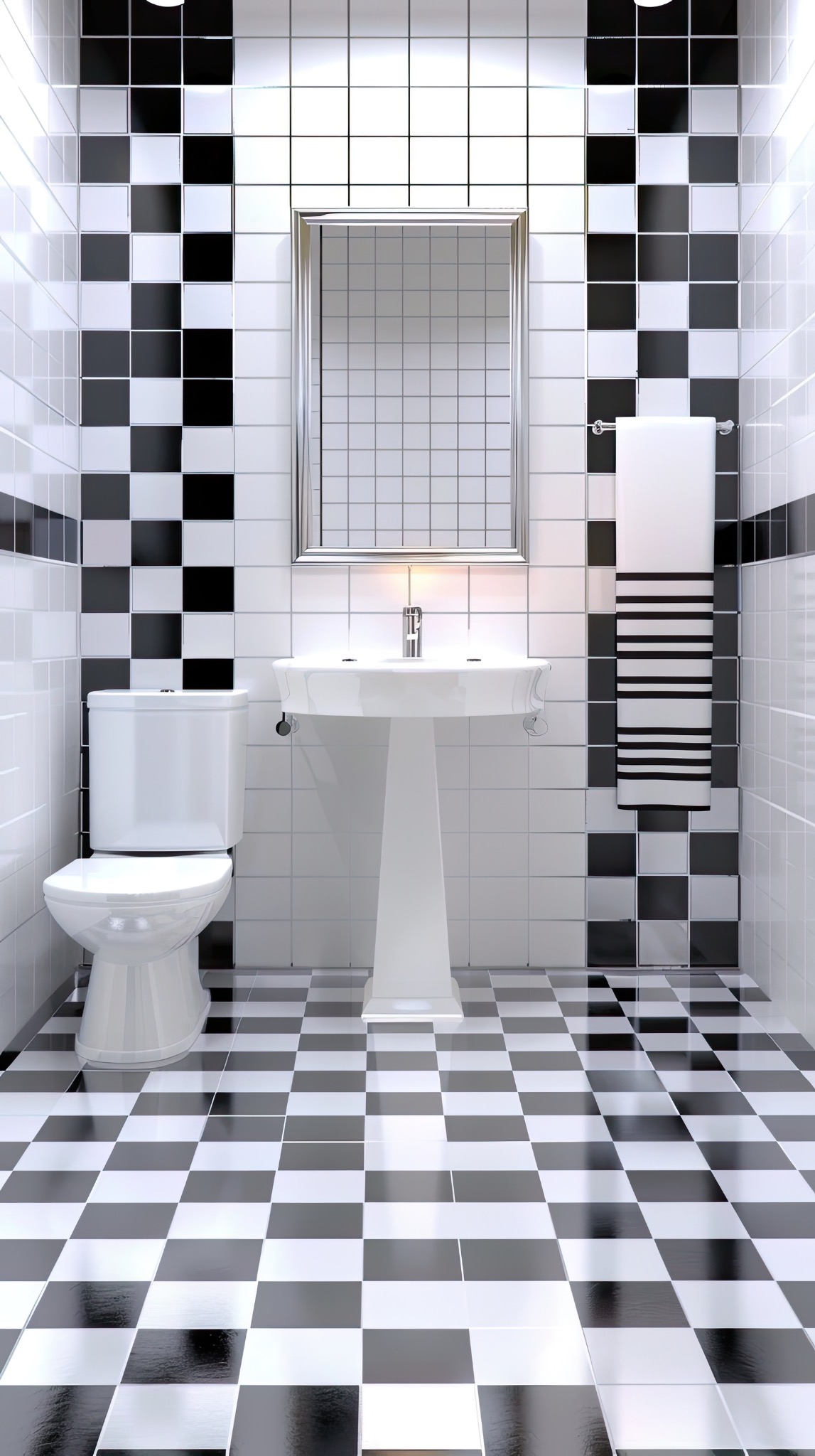 Salle de bains rétro avec carrelage damier noir et blanc et lavabo sur colonne