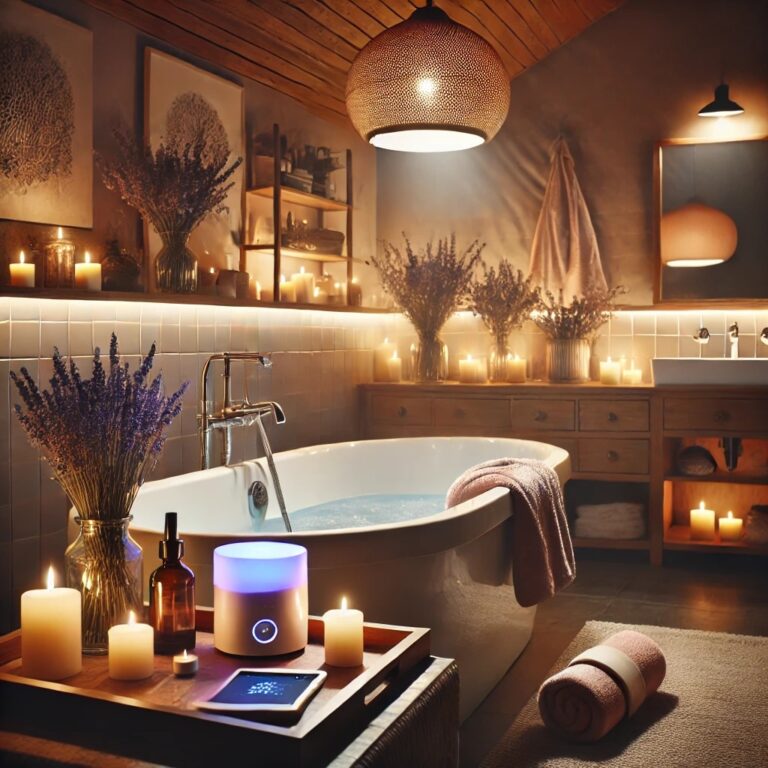 Salle de bains sensorielle avec bougies, diffuseur d’huiles essentielles et musique relaxante pour un moment spa à domicile