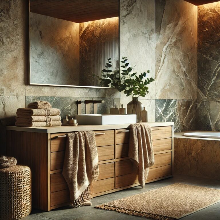 Salle de bains avec un mélange harmonieux de bois, pierre et textures naturelles pour une ambiance relaxante