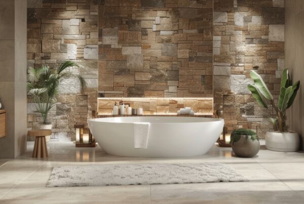 Salle de bains moderne avec revêtements en pierre naturelle, bois et céramique, mettant en valeur des matériaux élégants et durables.