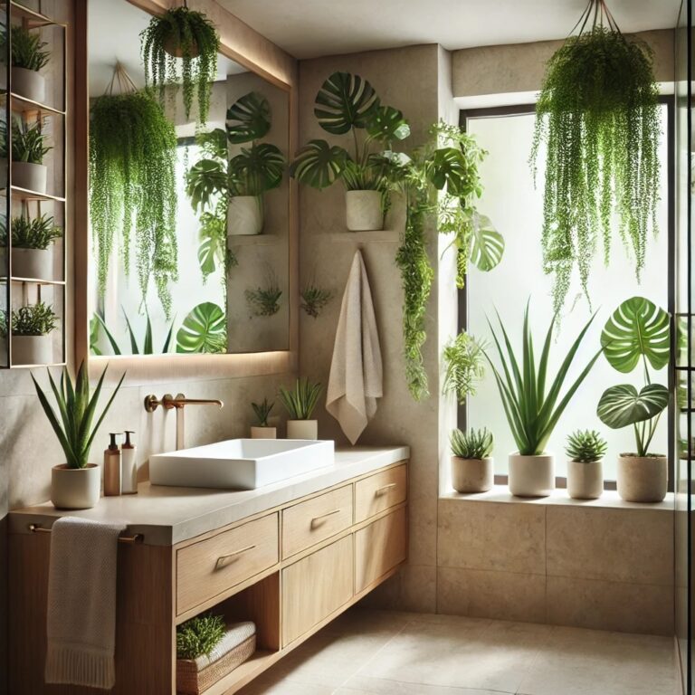 Salle de bains décorée avec des plantes vertes (fougère, aloe vera, monstera) pour un effet naturel et apaisant