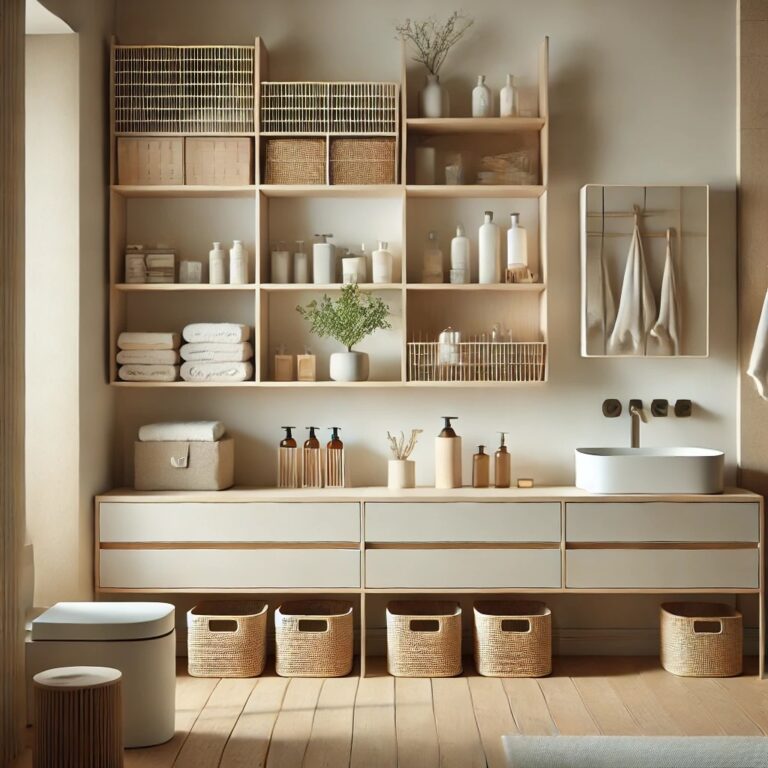 alle de bains minimaliste avec rangements intelligents, paniers en bois et un design épuré pour une ambiance sereine