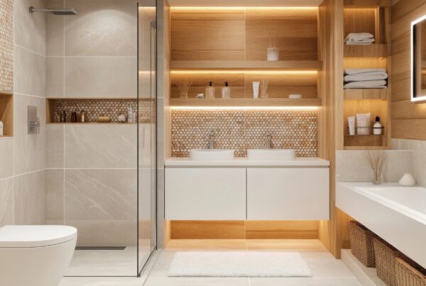 Salle de bains moderne et épurée avec des matériaux naturels, un éclairage tamisé et un agencement optimisé pour le bien-être.