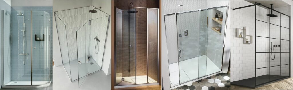 Comparatif de configurations de douche : en angle, en niche, quart de rond, parois coulissantes, walk-in avec paroi fixe