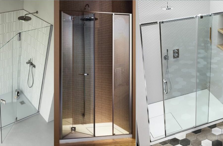 Comparatif de configurations de douche : en angle, en niche, quart de rond, parois coulissantes, walk-in avec paroi fixe