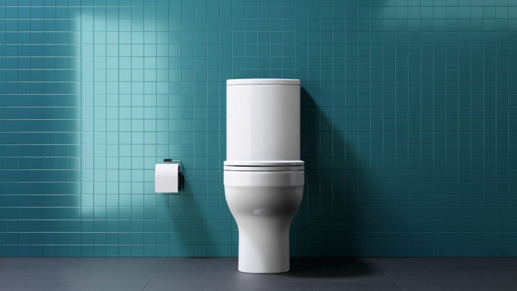 WC à poser blanc dans une salle de bains moderne, fond carrelé bleu canard