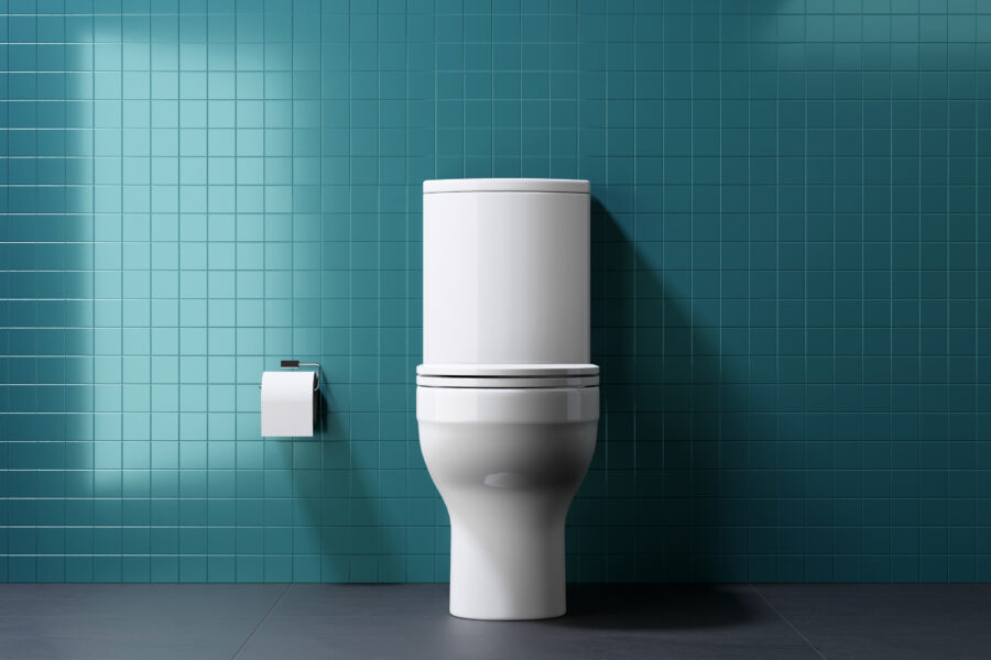 WC à poser blanc dans une salle de bains moderne, fond carrelé bleu canard
