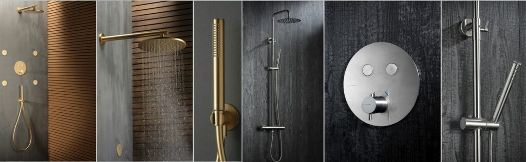 Différents modèles de robinetterie de douche : colonnes apparentes, douchettes à main, douche de tête et commandes encastrées