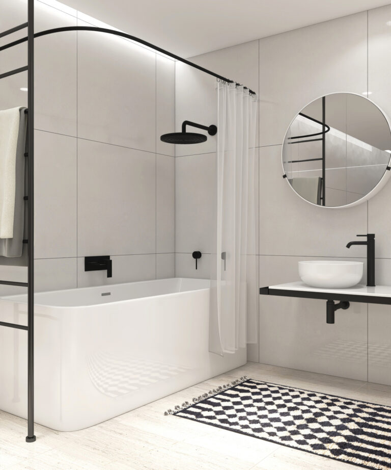 Salle de bains minimaliste avec carrelage mural XXL, baignoire îlot blanche et robinetterie noire