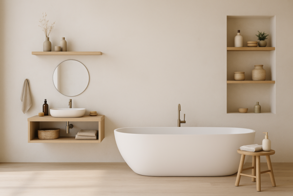 Salle de bains minimaliste avec baignoire, étagères ouvertes, niches murales et contenants épurés dans une ambiance zen