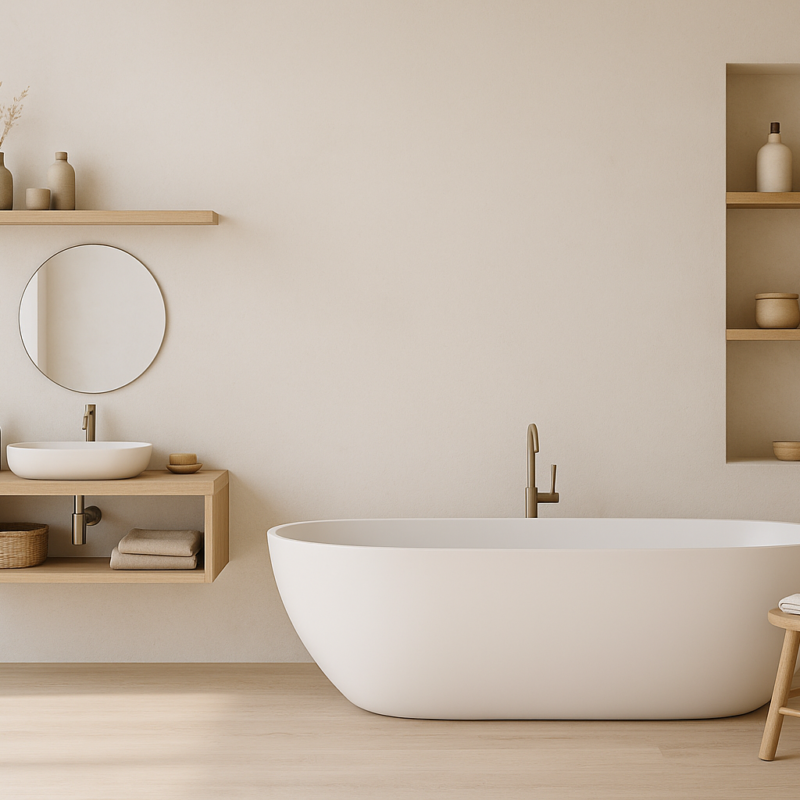 Salle de bains minimaliste avec baignoire, étagères ouvertes, niches murales et contenants épurés dans une ambiance zen