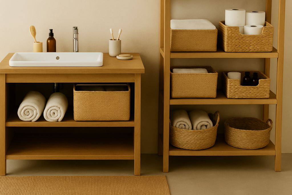 Meuble de salle de bains en bois avec paniers de rangement et produits du quotidien organisés de façon minimaliste