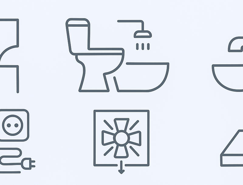Illustration des 9 erreurs fréquentes en rénovation de salle de bains : plan mal conçu, mauvaise implantation, ventilation absente, matériaux inadaptés, etc.
