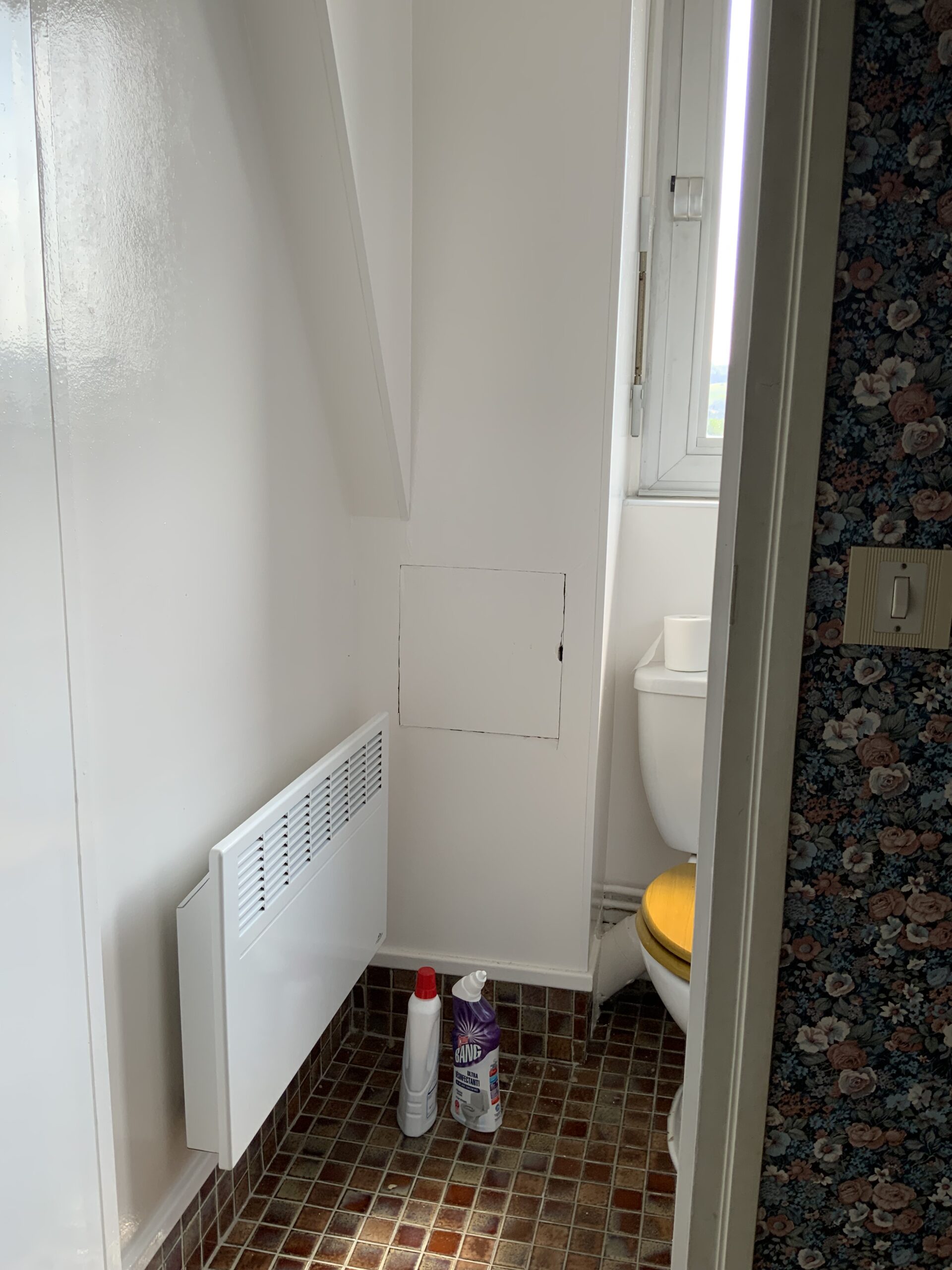 Salle de bains avant travaux, radiateur mural et ancien carrelage au sol