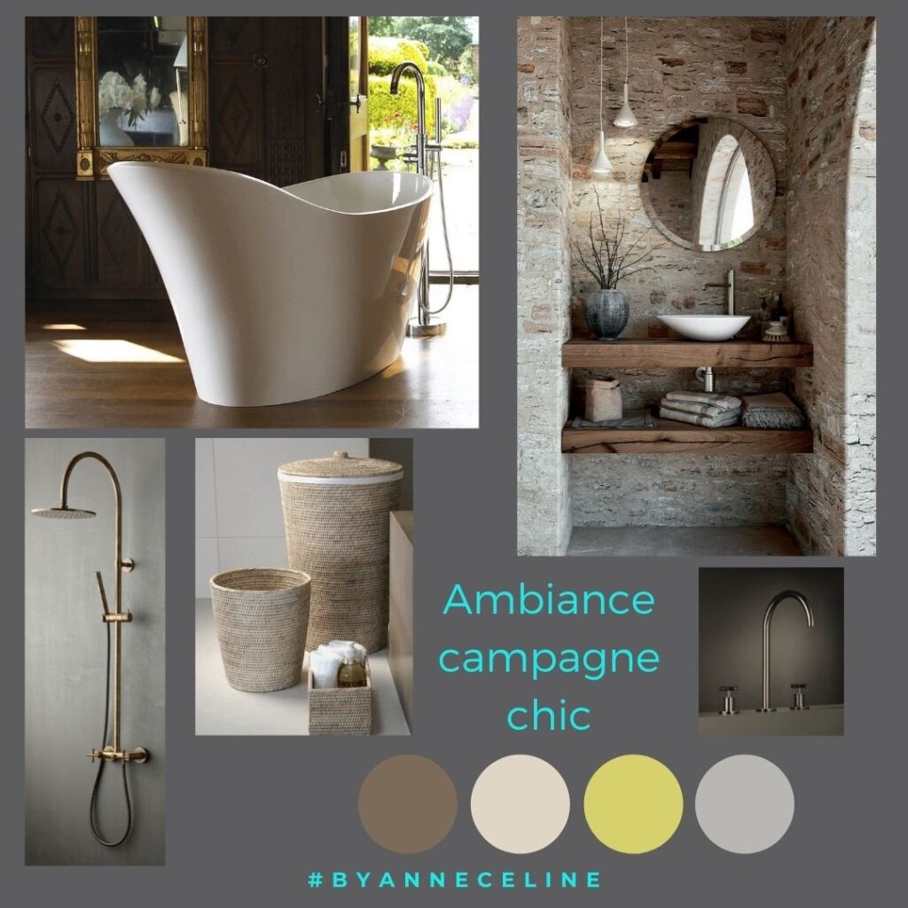 Salle de bains style campagne chic avec baignoire design, murs en pierre, robinetterie laiton, accessoires en fibres naturelles et tons beige, lin et bois.