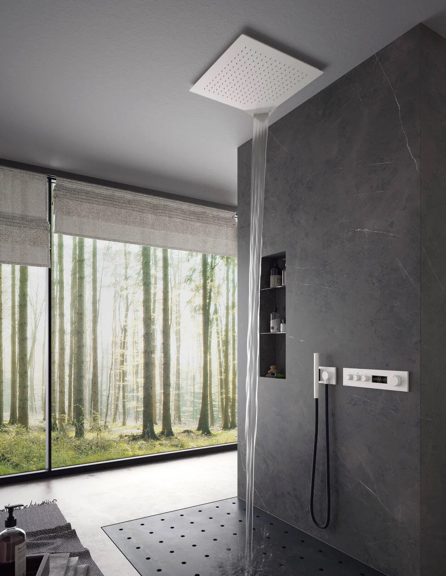 Douche encastrée haut de gamme W-70s de Treemme avec commande digitale et gestion indépendante de 3 sorties d’eau