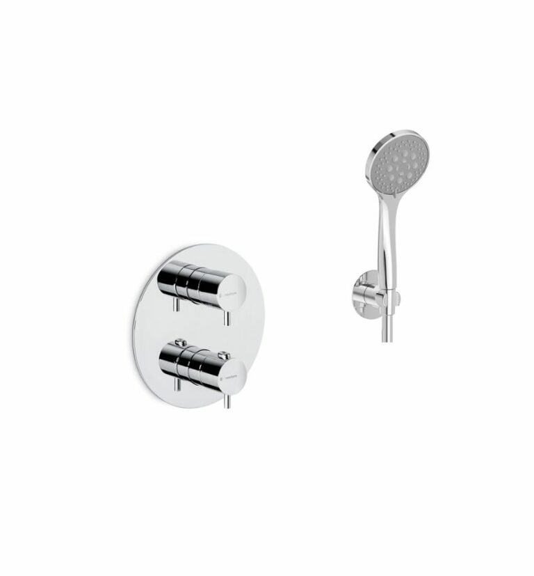 Mitigeur thermostatique encastré de douche avec commande ronde, douchette à main et support mural – Collection XT par Newform