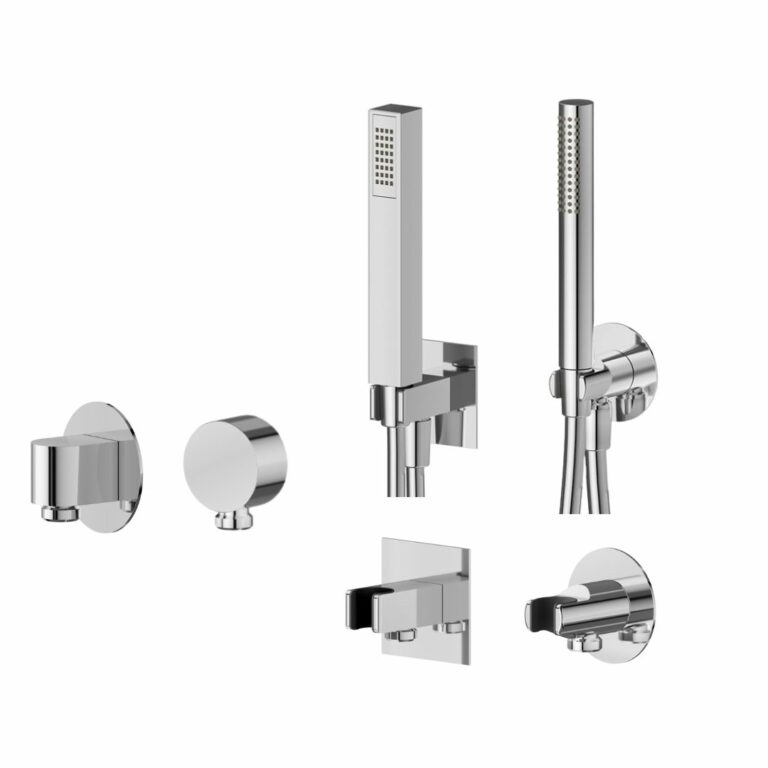 Différents modèles de prises d’eau murales chromées, avec ou sans support intégré pour douchette