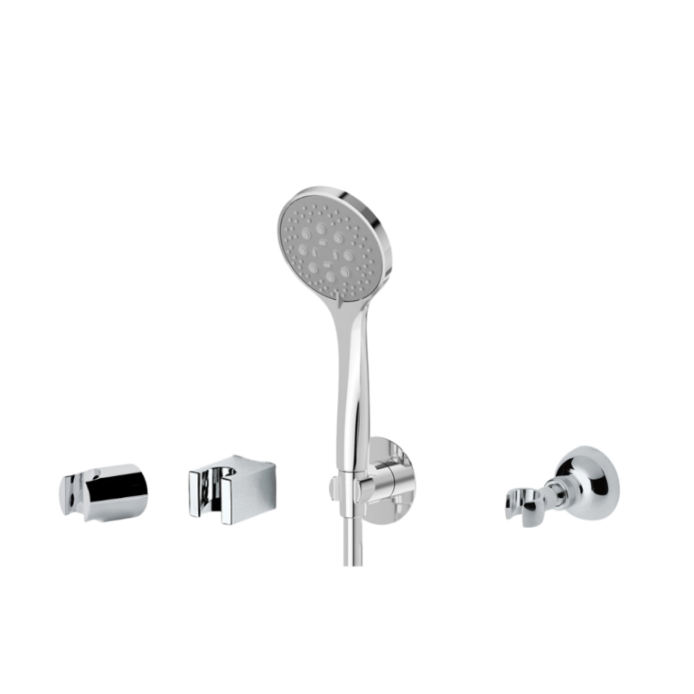 Différents modèles de supports muraux pour douchette à main, fixes ou orientables, en finition chromée