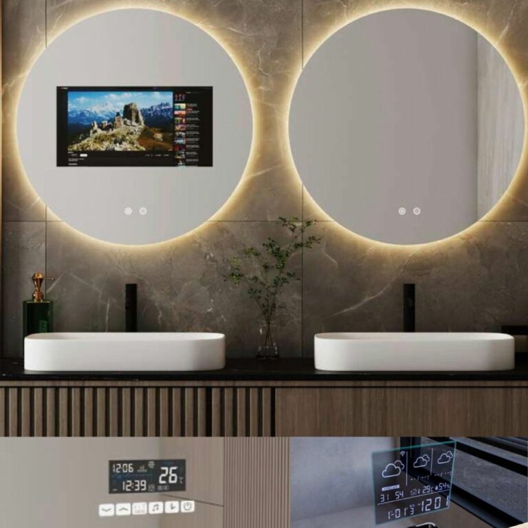 Miroirs connectés Genexia avec éclairage LED et affichage numérique dans une salle de bains moderne