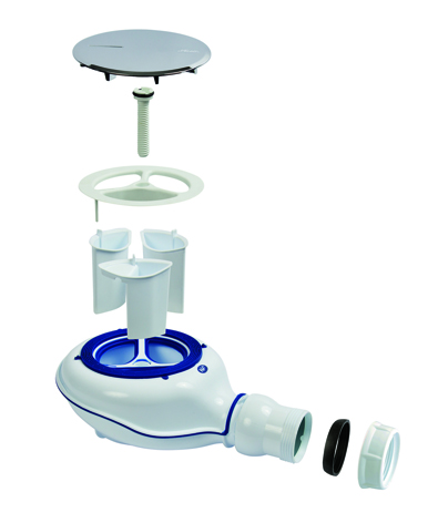 Vue éclatée d’une bonde de douche siphoïde montrant les différents éléments du système d’évacuation