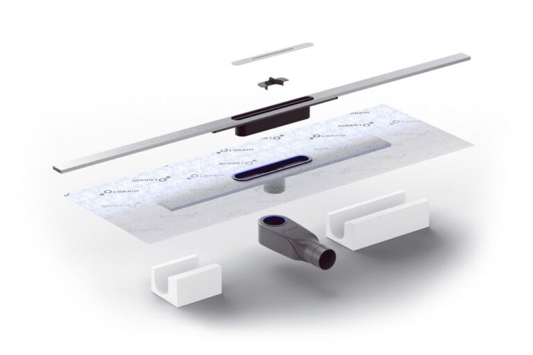 Vue éclatée d’un caniveau de douche linéaire montrant les différents éléments d’évacuation et d’étanchéité