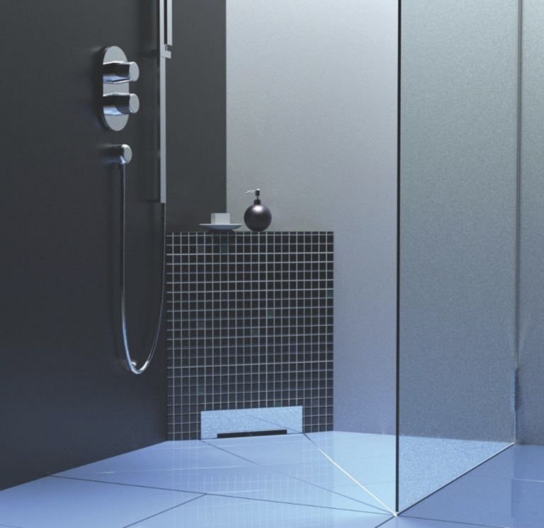 Douche à l’italienne avec évacuation murale intégrée dans la paroi et pente du sol orientée vers le mur